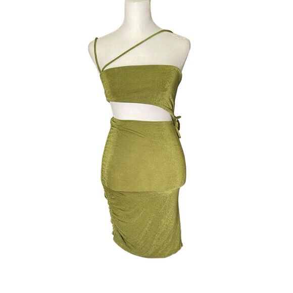 Princess Polly US 0 Cutout Bodycon Dress Green Ruched Strappy Fitted Club - Picture 1 of 10